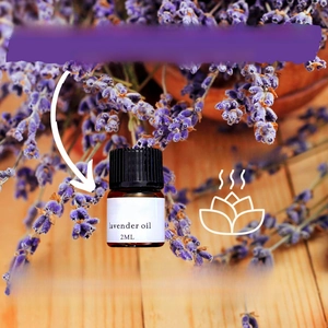 2ml lavender essential oil bottle with natural stone yoga bracelet and purple flowers