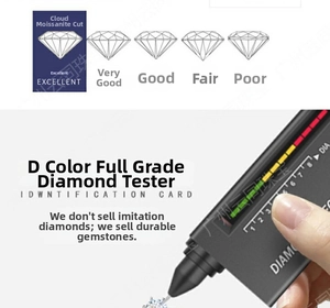 Close-up of moissanite diamond tester tool showing D color stone cutting grades