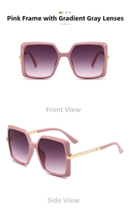 Detailed close-up of pink oversized square sunglasses with gold metal temple accents