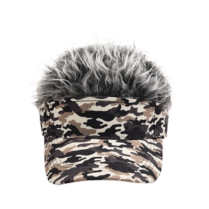 Close-up of camouflage baseball cap with fuzzy grey synthetic wig hair for fun outdoor style