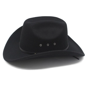 Detail view of the black felt cowboy hat with silver ventilation eyelets and curved brim