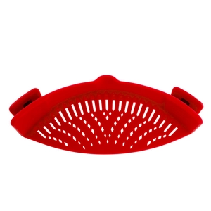 Universal red silicone clip-on pot strainer for draining pasta and vegetables easily