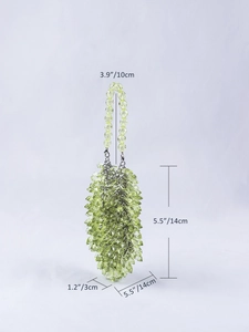 Detail showing precise dimensions of the light green beaded acrylic evening handbag
