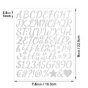 Silver glitter alphabet stickers size guide showing 1-inch letter height and sheet dimensions