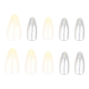 Silver glitter almond press-on nails set with gradient cream white finish and 10 pieces