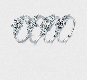 Macro shot of S925 silver rings with various diamond cuts like round and marquise shapes