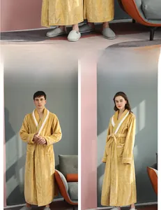 Detailed comparison of long ginger yellow flannel bathrobes with white trim and belt