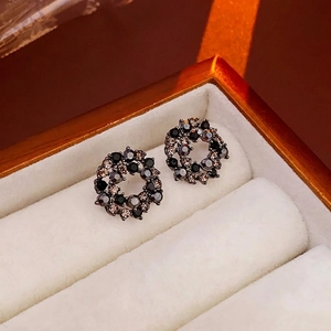 French Vintage Hollow Round Rhinestone Stud Earrings With Silver Earring Post For Women Copper Elegant Jewelry