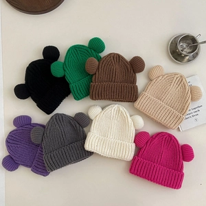 Kids Winter Warm Knit Beanie Hat With Cute Bear Ears Solid Color Thick Ribbed Crocheted Skull Cap For Boys Girls Outdoor