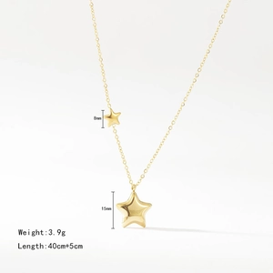 Polished gold stainless steel star pendant necklace with dimensions 15mm and 8mm