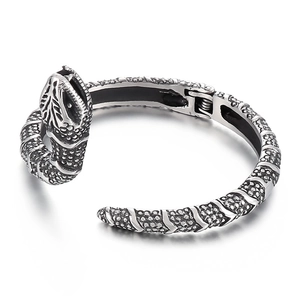 Retro stainless steel snake cuff bracelet with vintage textured metal snake skin details