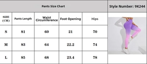 Size chart for seamless gradient yoga pants with waist and hip measurements in cm