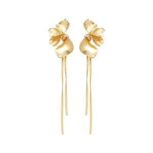 Elegant gold flower tassel earrings with matte petals and long hanging metal chains