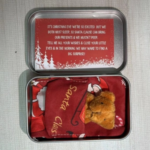 Close-up of Christmas teddy bear inside a tin gift box with a Santa Claus sleeping bag