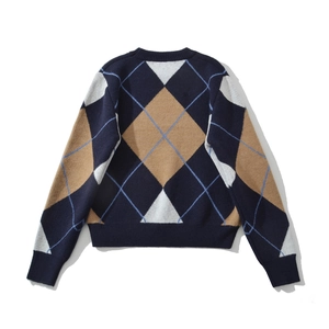 Klassischer Argyle-Strickpullover in Marineblau und Camel mit Retro-Preppy-Rückansicht