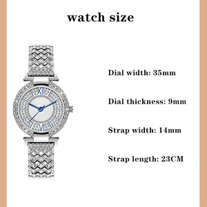 Detailed size specifications for women's silver quartz watch with full diamond inlay