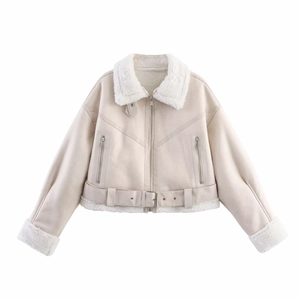 Close-up of beige shearling biker jacket with soft white wool lining and metal zippers