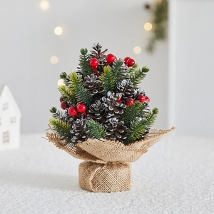 Mini Artificial Christmas Tree Potted Desktop Decor Frosted Pinecone Red Berries Pine Needles For Holiday Home Ornament