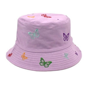 Close-up of colorful butterfly embroidery on a lavender cotton reversible bucket hat