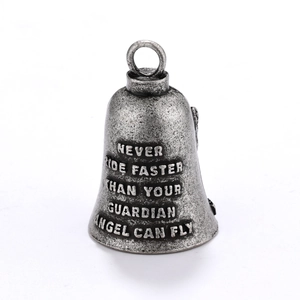 Retro stainless steel guardian angel bell pendant with vintage motorcycle rider engraving
