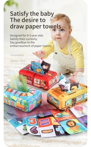 Baby sensory tissue box toy with crinkle fabrics and plush school bus for toddlers