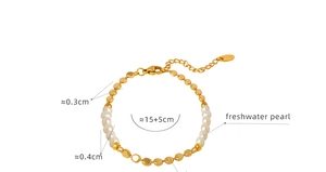Detail showing 15+5cm length of freshwater pearl and golden bead chain bracelet