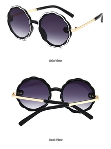 Detailed side and back view of children's round petal sunglasses with metal temples