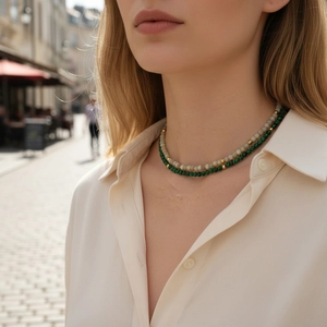 Double-layered malachite green and grey natural stone necklace with gold bead accents