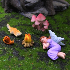 5-piece fairy garden set with sleeping purple fairy snail campfire and mushrooms