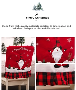 Detail of Christmas gnome chair cover with Merry Christmas embroidery and plaid patterns