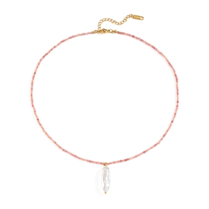Detail of pink beaded necklace with baroque pearl pendant and gold lobster clasp