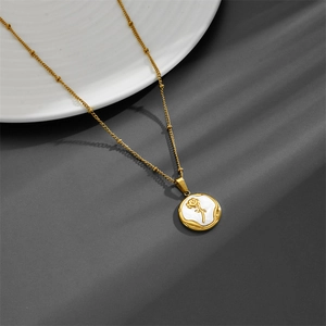 Golden stainless steel necklace featuring a square rose pendant with white shell inlay