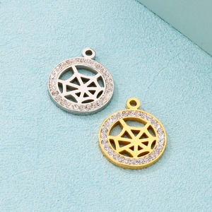 Round Hollow Spiderweb Pendant Charm Stainless Steel With Rhinestone Accents For DIY Jewelry Making Accessory Fashion