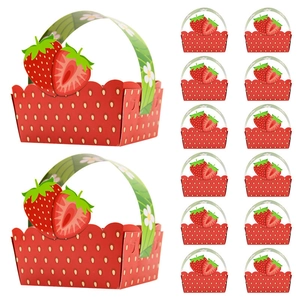 Red strawberry patterned paper gift baskets with green leaf handles in a twelve-pack set