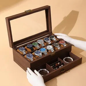 Double-layer walnut wood watch box with 12 slots and drawer for jewelry storage
