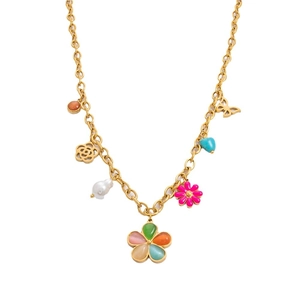 Colorful butterfly and rainbow flower pendant necklace with pearls on a gold chain
