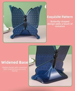Detailed view of blue butterfly jewelry stand featuring a widened base for stability