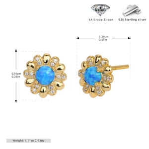 Technische Zeichnung von S925 Silber Blumenohrringen mit blauem Opal und Zirkonia Details