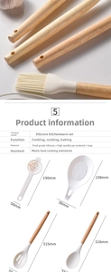 Detailed specs of wood handle silicone kitchen utensils with size charts and material details