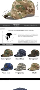 Detail view of camouflage cotton baseball cap with multi-angle size guide and color options