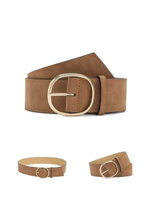 Large ceinture marron pour femme en aspect suède avec une grande boucle ronde dorée
