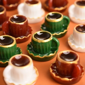 Miniature green and white Christmas coffee cup sets with gold rims for dollhouse decor