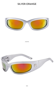 Detail view of futuristic silver Y2K sunglasses with orange lenses and crescent moon logo