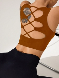 Débardeur de sport yoga marron caramel pour femme avec dos nu à lanières croisées