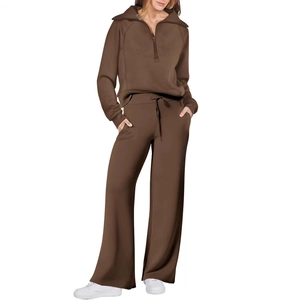 Tuta casual da donna marrone scuro con felpa a mezza zip e pantaloni a gamba larga