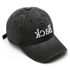 Retro washed charcoal denim baseball cap with reverse Back embroidery detail