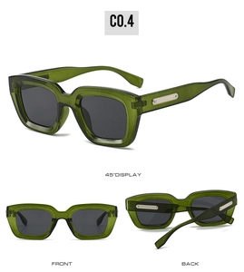 Detailed views of translucent green square sunglasses with silver metal side accents