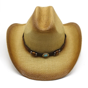 Chapeau de cowboy en paille de style western avec perle turquoise et bord ombré