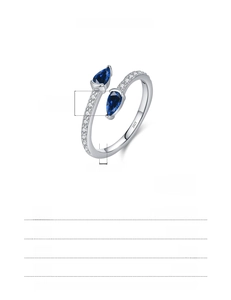 Detailed spec sheet for S925 sterling silver snake ring with adjustable size and blue gems