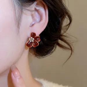 18K gold plated flower stud earrings with red enamel and white zircon in vintage style